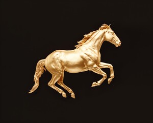 Fototapeta premium A golden horse in mid leaping motion; bnlack background