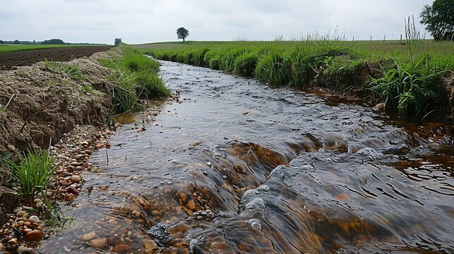 Realistic photo of water pollution in an agricultural area, with pesticide runoff contaminating a stream, illustrating the impact of farming practices on water quality. , Minimalism,