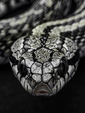 Ritratto del volto frontale di un pitone bianco e nero. Elegante sfondo nero.