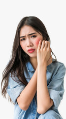 Fototapeta premium Dermatology asian young woman allergy, allergic reaction from atopic, insect bite, scratching itchy back of hand, red spot or rash of skin. Healthcare treatment of beauty. Isolated on white background