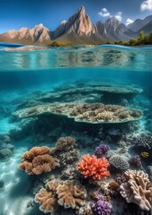 a sea view with coarals and mountains in distance