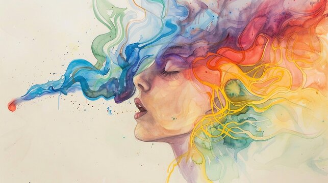 Ragazza neurodivergente espira fumo arcobaleno.