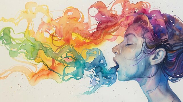 Ragazza neurodivergente espira fumo arcobaleno.