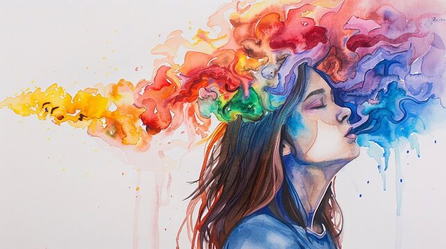 Ragazza neurodivergente espira fumo arcobaleno.