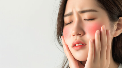 Fototapeta premium Dermatology asian young woman allergy, allergic reaction from atopic, insect bite, scratching itchy back of hand, red spot or rash of skin. Healthcare treatment of beauty. Isolated on white background
