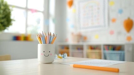 Eye-Level Angle, a kindergarten classroom adorned with vibrant and educational wall decorations, featuring alphabet charts, numbers, and colorful artwork created by the children, w