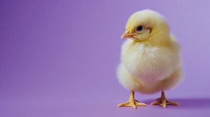 Fototapeta premium Pulcino bianco e giallo su sfondo viola, con spazio in alto per testo.