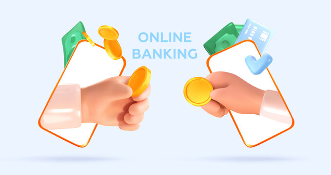 Online banking and online payment using an application or website. Payment concept via mobile phone. Easy and fast transfer of funds, money, cryptocurrency. 3D hands with coins in the phone. Vector