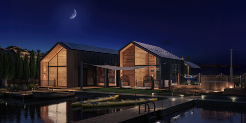 Obraz premium Luxury Seaside Vacation Home with Photovoltaic Energy Supply by Night - 3D Visualization