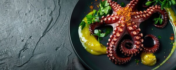 Fototapeta premium A plate of octopus with a yellow sauce and some herbs on top. Free copy space for text.