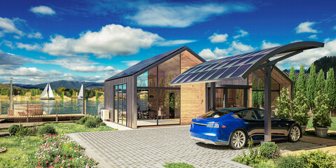 Energy Supply at a Vacation Home With Heat Pump & Solar Charging Station for Electric Car - 3D Visualization