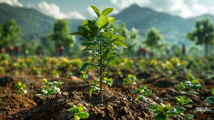 A beautiful realistic photo of a reforestation initiative, with community members planting trees, symbolizing hope and collective action for environmental restoration. , Minimalism,