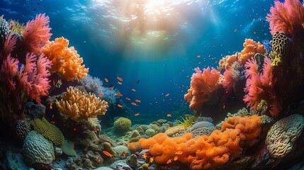 Obraz premium A breathtaking realistic photo of a coral reef teeming with marine life, underscoring the importance of marine conservation and the protection of fragile underwater ecosystems. , Minimalism,