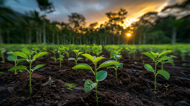 A captivating realistic photo of a reforestation project, featuring young saplings being planted in a previously deforested area, symbolizing hope and ecological restoration. , Minimalism,