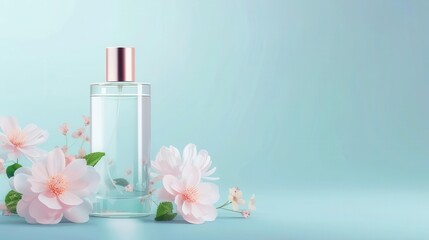 Elegant glass perfume bottle with pastel pink flowers on a soft blue background, perfect for beauty and fragrance concepts.