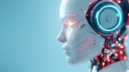 Robotic face with intricate circuits, glowing nodes, blue backdrop, biotech and AI innovation.Commercial photography, Natural soft pale skin.