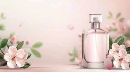 Elegant perfume bottle surrounded by delicate pink flowers, capturing a sense of luxury and romance on a soft pastel background.