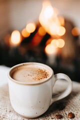 Obraz premium Coffee by the fireplace, cozy coffee, warm drink