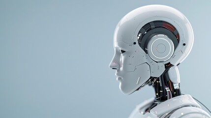 Close-up profile of a white humanoid robot with visible internal mechanisms.
