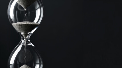 Hourglass with black sand against a dark background. The image captures the flow of time and the elegant simplicity of the hourglass design