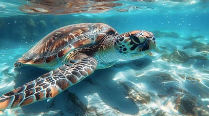 Fototapeta premium A detailed realistic photo of a turtle swimming in clear blue waters, emphasizing the importance of marine conservation and efforts to protect endangered marine species. , Minimalism,