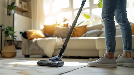 Fototapeta premium Young Professional Using Lightweight Cordless Vacuum Cleaner in Modern Studio Apartment for Easy Cleaning