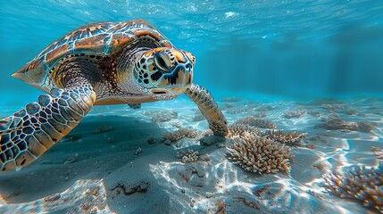A detailed realistic photo of a turtle swimming in clear blue waters, emphasizing the importance of marine conservation and efforts to protect endangered marine species. , Minimalism,
