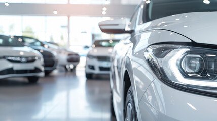 White cars displayed in a showroom with bright lighting. The focus is on the front car's headlight, highlighting the sleek and modern design