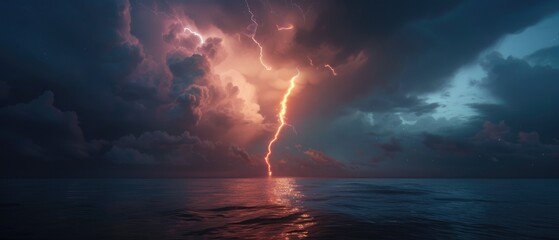 Single lightning bolt over ocean, lightning bolt, powerful storm