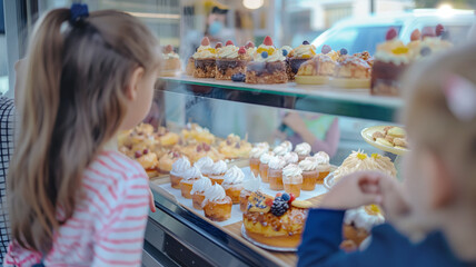Children looking at pastries in a bakery display case. The desserts are colorful and beautifully decorated, capturing the kids' attention