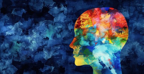 Profile of head filled with watered bright colors. Blue background, copy space. Concept of loosing concentration, getting dementia, or lost of mental health or memory.