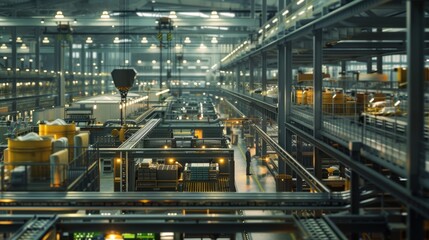 Fototapeta premium Large Manufacturing Facility with Overhead Heaters, Active Production Lines, and Machinery Operations