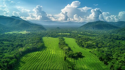 Obraz premium A dramatic realistic photo illustration of deforestation for agricultural expansion, highlighting the need for sustainable land use practices and forest conservation. , Minimalism,