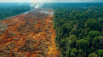 A powerful realistic photo illustration of deforestation, with large swathes of forest cleared for logging, underscoring the environmental consequences and need for sustainable practices. ,