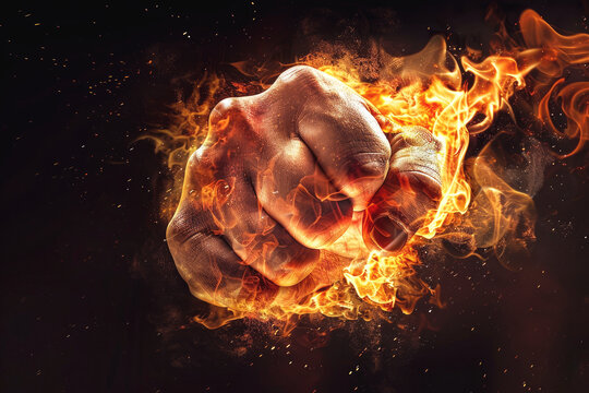 Power in man's hands, fist of fire in black background.