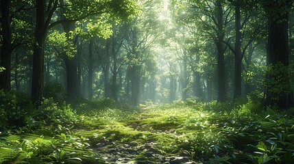 Obraz premium A realistic photo illustration of a dense forest, untouched by human activity, symbolizing the importance of conservation and the protection of natural habitats. , Minimalism,
