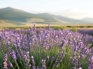 Fototapeta premium Scenic view of a lavender field in full bloom, summer landscape, floral beauty