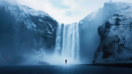 Traveler admiring a majestic waterfall, natural wonder, waterfall exploration