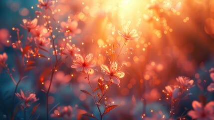 Illuminated Blossoms in the Golden Glow of Sunset with Magical Bokeh Effect

