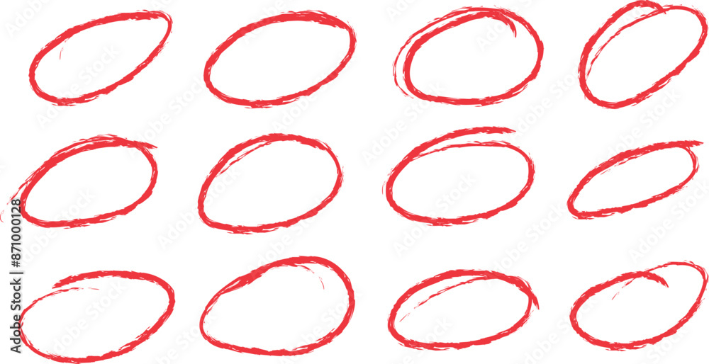 Poster abstract hand drawn round red brush marker set. red round stroke frame. text highlight brush circle frame. vector illustration.