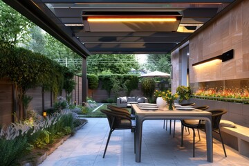 Obraz premium Modern Backyard with Sleek Infrared Heater for Evening Gatherings: Dining Table, Chairs, and Garden View