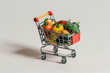 A miniature trolley cart from the supermarket on white background, loaded with lot of different vegetables.