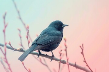 Obraz premium Blackbird, isolated on pastel background, stock photographic style