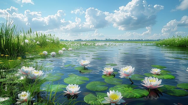 A realistic photo of a pristine wetland, showcasing the diverse flora and fauna that thrive in this unique ecosystem, highlighting the importance of wetland preservation. , Minimalism,