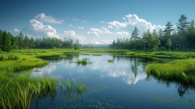 A realistic photo of a pristine wetland, showcasing the diverse flora and fauna that thrive in this unique ecosystem, highlighting the importance of wetland preservation. , Minimalism,