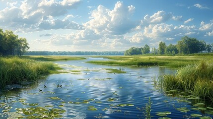 A realistic photo of a serene wetland, home to various bird species and aquatic plants, highlighting the need for wetland preservation and habitat protection. , Minimalism,