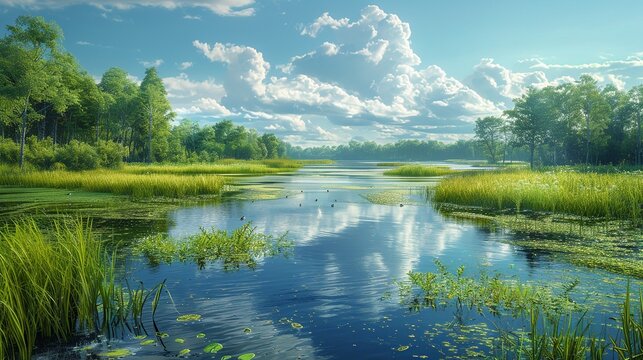 A realistic photo of a serene wetland, home to various bird species and aquatic plants, highlighting the need for wetland preservation and habitat protection. , Minimalism,