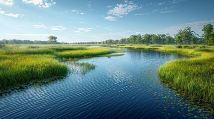 A realistic photo of a wetland ecosystem, rich in biodiversity, emphasizing the significance of wetland preservation and the need for habitat protection. , Minimalism,