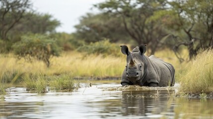 Obraz premium A striking realistic photo of an endangered rhinoceros in a protected reserve, emphasizing the critical need for wildlife protection and anti-poaching efforts. , Minimalism,