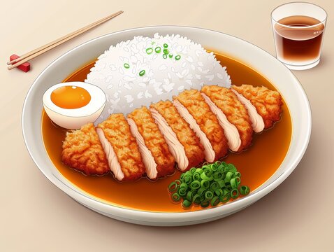 Mouth-watering katsu curry, breaded chicken cutlet drenched in flavorful curry, set in a cozy Tokyo restaurant. Perfect for food blogs and menus